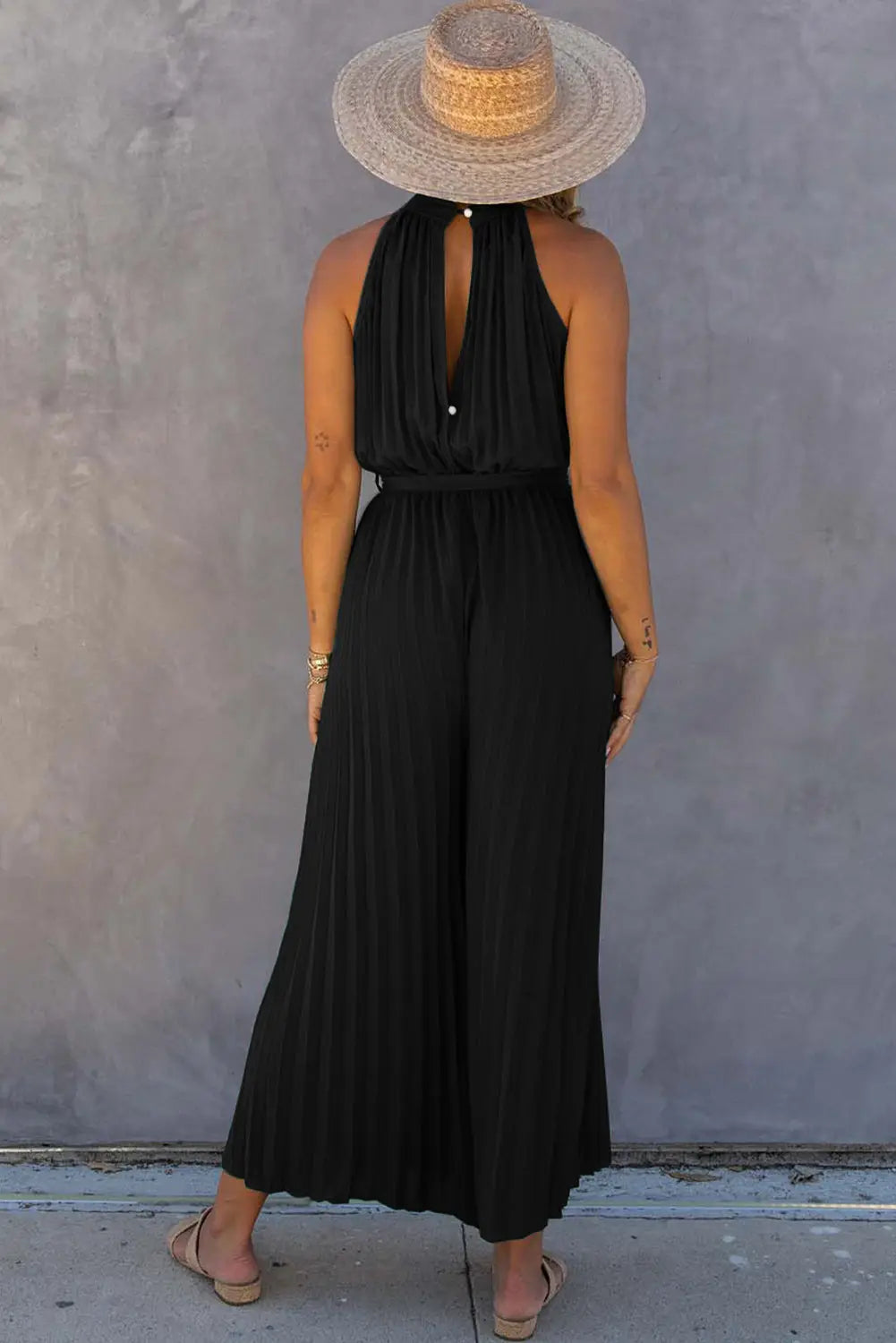 Jumpsuits- Halter High Neck Solid Pleated Belt-Tie Jumpsuit- - IndioGear Clothing and Gear