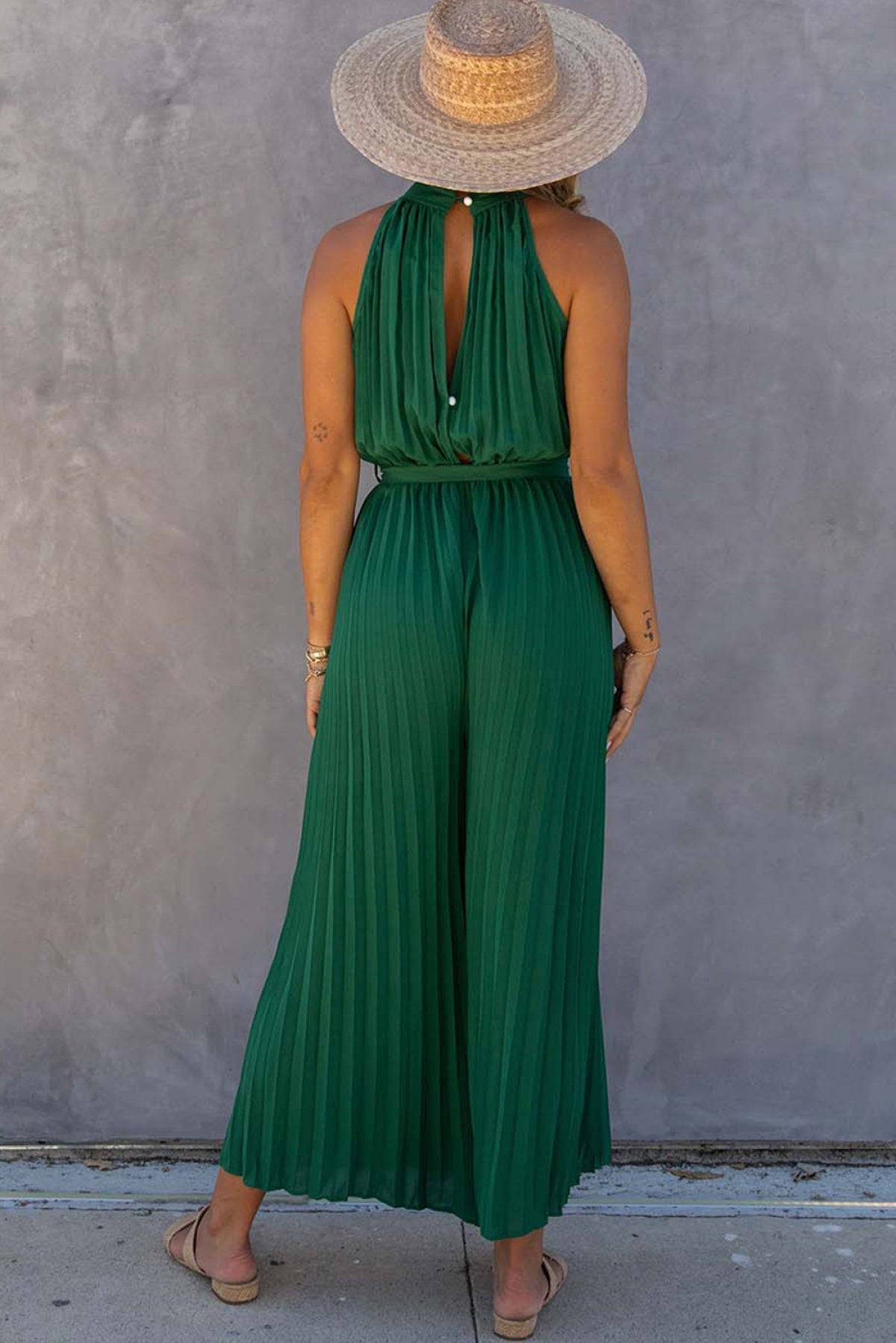 Jumpsuits- Halter High Neck Solid Pleated Belt-Tie Jumpsuit- - IndioGear Clothing and Gear