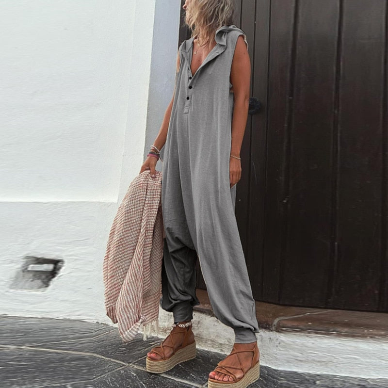 Jumpsuits- Harem Loose Jumpsuit Pantsuit - Half Button Hooded Overalls- - Pekosa Women Clothing