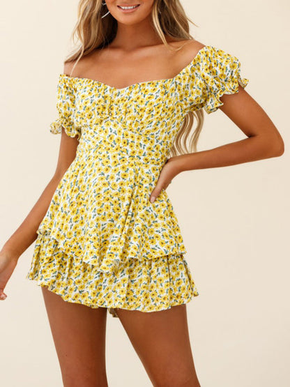 Jumpsuits- Knot Back Romper - Perfect for Any Occasion - Printed Jumpsuit- Yellow- IndioGear Fashion and Gear