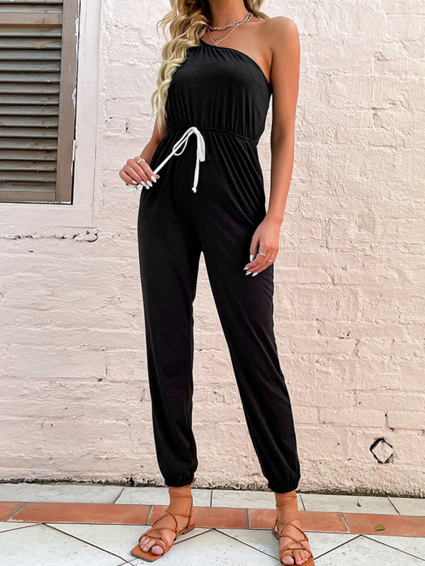 Jumpsuits- One Shoulder Jumpsuit with Gathered Waist & Pockets - Full-Length Playsuit- - IndioGear Fashion and Gear