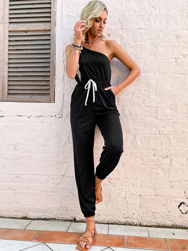 Jumpsuits- One Shoulder Jumpsuit with Gathered Waist & Pockets - Full-Length Playsuit- - IndioGear Fashion and Gear