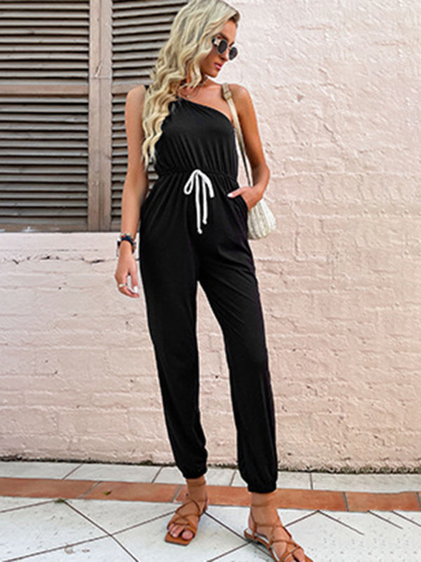 Jumpsuits- One Shoulder Jumpsuit with Gathered Waist & Pockets - Full-Length Playsuit- - IndioGear Fashion and Gear