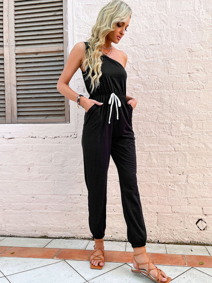 Jumpsuits- One Shoulder Jumpsuit with Gathered Waist & Pockets - Full-Length Playsuit- Black- IndioGear Fashion and Gear