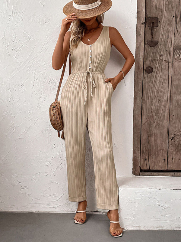 Jumpsuits- Ribbed Romper: Button Down Front & Drawstring Waist Women's Jumpsuit- - IndioGear Fashion and Gear