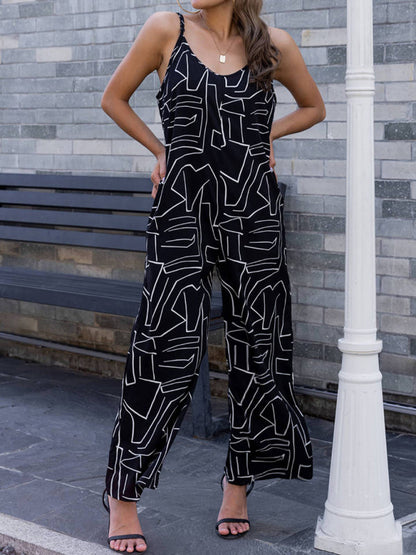 Jumpsuits-Sleeveless Wide-Leg Pantsuit | Black Print Cami Jumpsuit-Pekosa Women Clothing