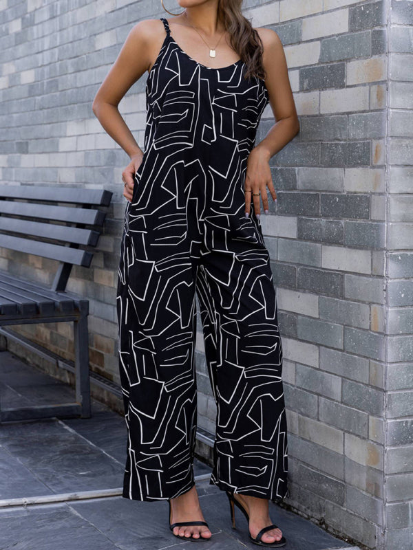 Jumpsuits-Sleeveless Wide-Leg Pantsuit | Black Print Cami Jumpsuit-Pekosa Women Clothing