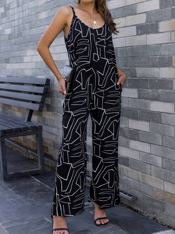 Jumpsuits-Sleeveless Wide-Leg Pantsuit | Black Print Cami Jumpsuit-Pekosa Women Clothing