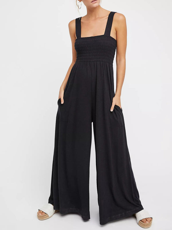 Jumpsuits- Smocked Bodice Playsuit - Solid Wide-Leg Jumpsuit- - IndioGear Fashion and Gear