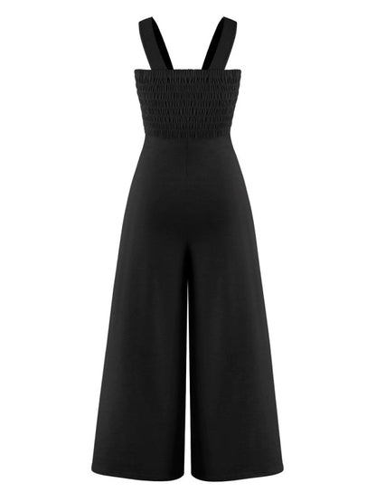 Jumpsuits- Smocked Bodice Playsuit - Solid Wide-Leg Jumpsuit- - IndioGear Fashion and Gear