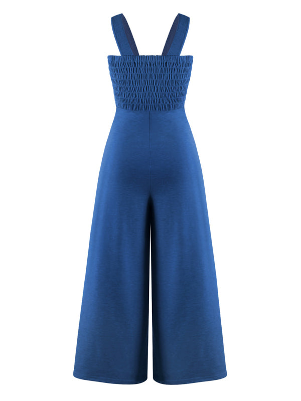 Jumpsuits- Smocked Bodice Playsuit - Solid Wide-Leg Jumpsuit- - IndioGear Fashion and Gear