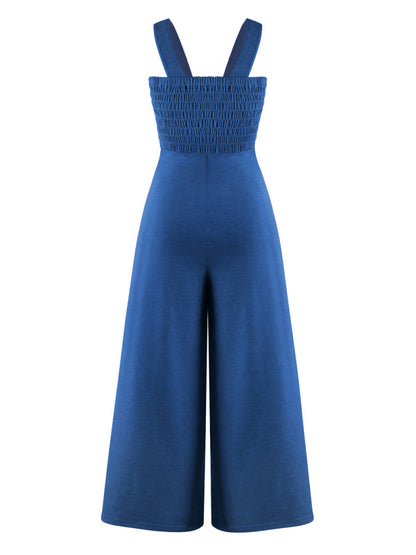 Jumpsuits- Smocked Bodice Playsuit - Solid Wide-Leg Jumpsuit- - IndioGear Fashion and Gear