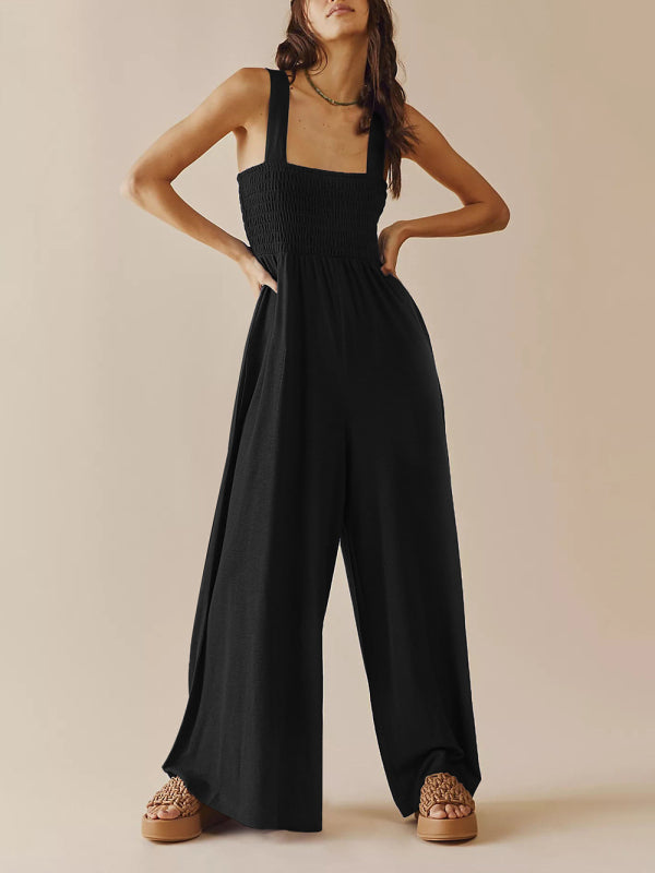 Jumpsuits- Smocked Bodice Playsuit - Solid Wide-Leg Jumpsuit- - IndioGear Fashion and Gear