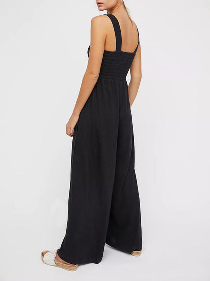 Jumpsuits- Smocked Bodice Playsuit - Solid Wide-Leg Jumpsuit- - IndioGear Fashion and Gear