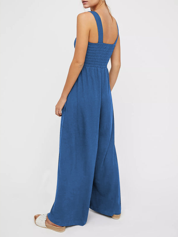 Jumpsuits- Smocked Bodice Playsuit - Solid Wide-Leg Jumpsuit- - IndioGear Fashion and Gear