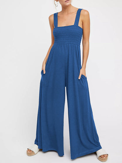 Jumpsuits- Smocked Bodice Playsuit - Solid Wide-Leg Jumpsuit- Blue- IndioGear Fashion and Gear