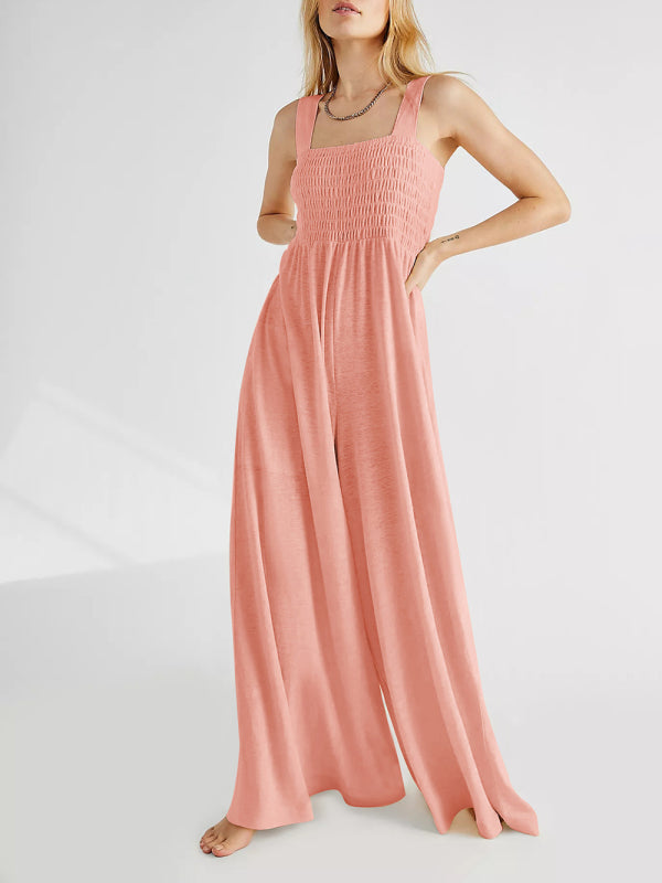 Jumpsuits- Smocked Bodice Playsuit - Solid Wide-Leg Jumpsuit- Pink- IndioGear Fashion and Gear