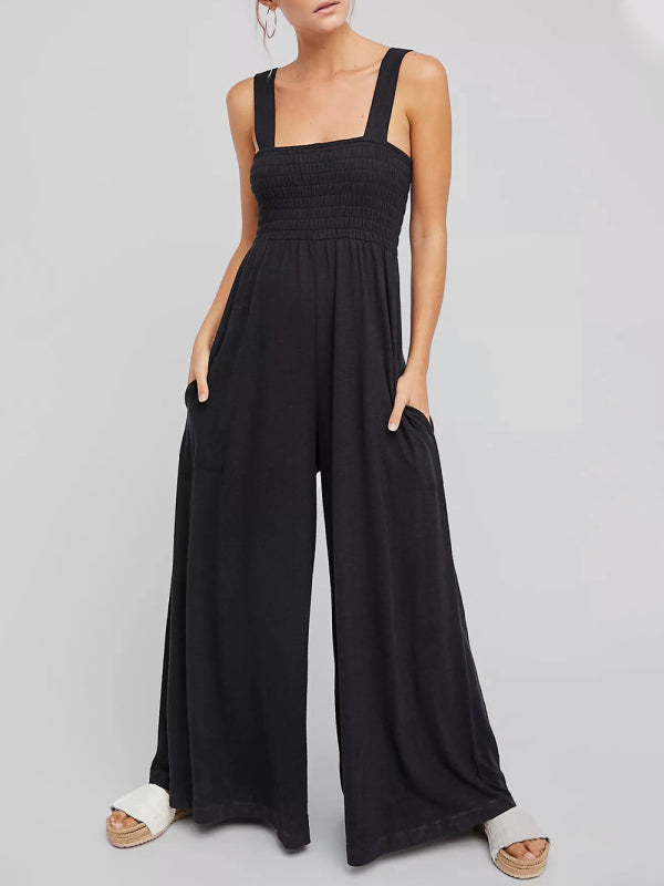 Jumpsuits- Smocked Bodice Playsuit - Solid Wide-Leg Jumpsuit- Black- IndioGear Fashion and Gear