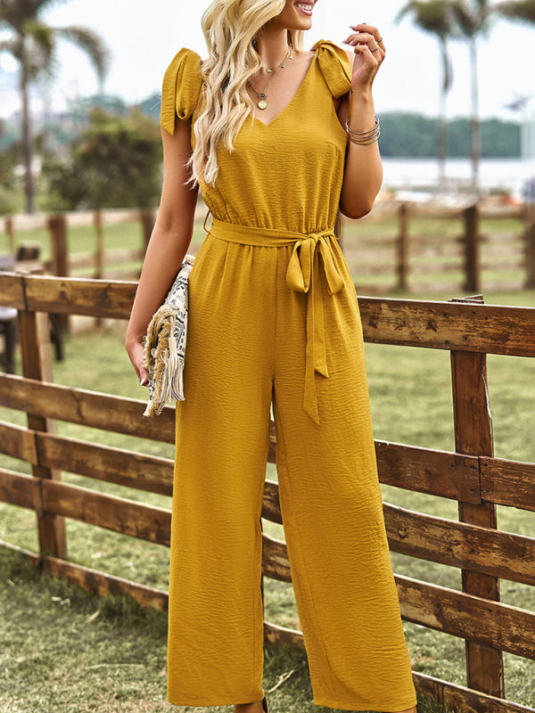 Jumpsuits- Solid Belt Tie Jumpsuit - Shoulder Knot Tank Pantsuits- - IndioGear Fashion and Gear