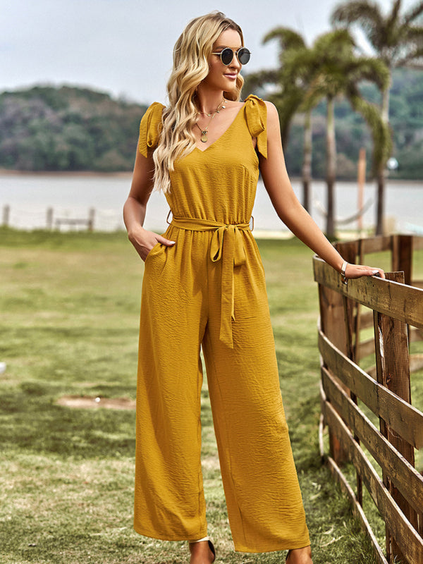 Jumpsuits- Solid Belt Tie Jumpsuit - Shoulder Knot Tank Pantsuits- - IndioGear Fashion and Gear