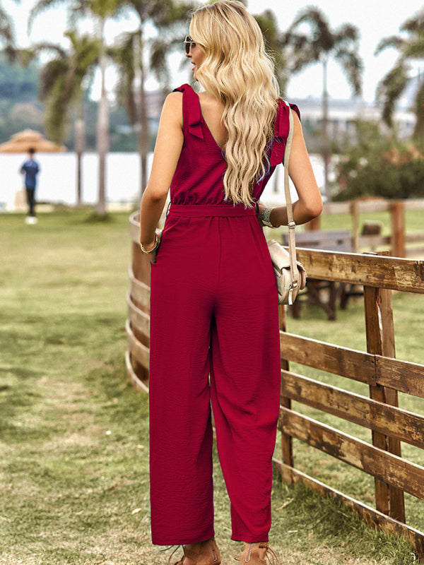 Jumpsuits- Solid Belt Tie Jumpsuit - Shoulder Knot Tank Pantsuits- - IndioGear Fashion and Gear