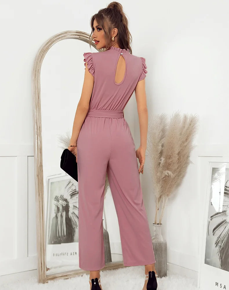 Jumpsuits- Solid Belted Jumpsuit - Women's Full-Length Playsuit with Frill Collar- - IndioGear Fashion and Gear