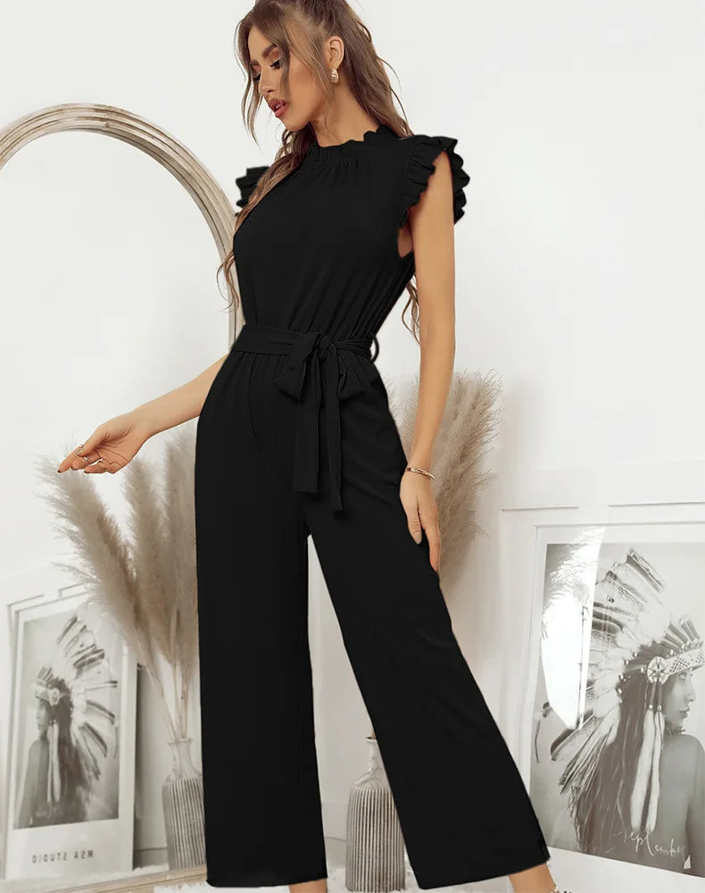 Jumpsuits- Solid Belted Jumpsuit - Women's Full-Length Playsuit with Frill Collar- - IndioGear Fashion and Gear