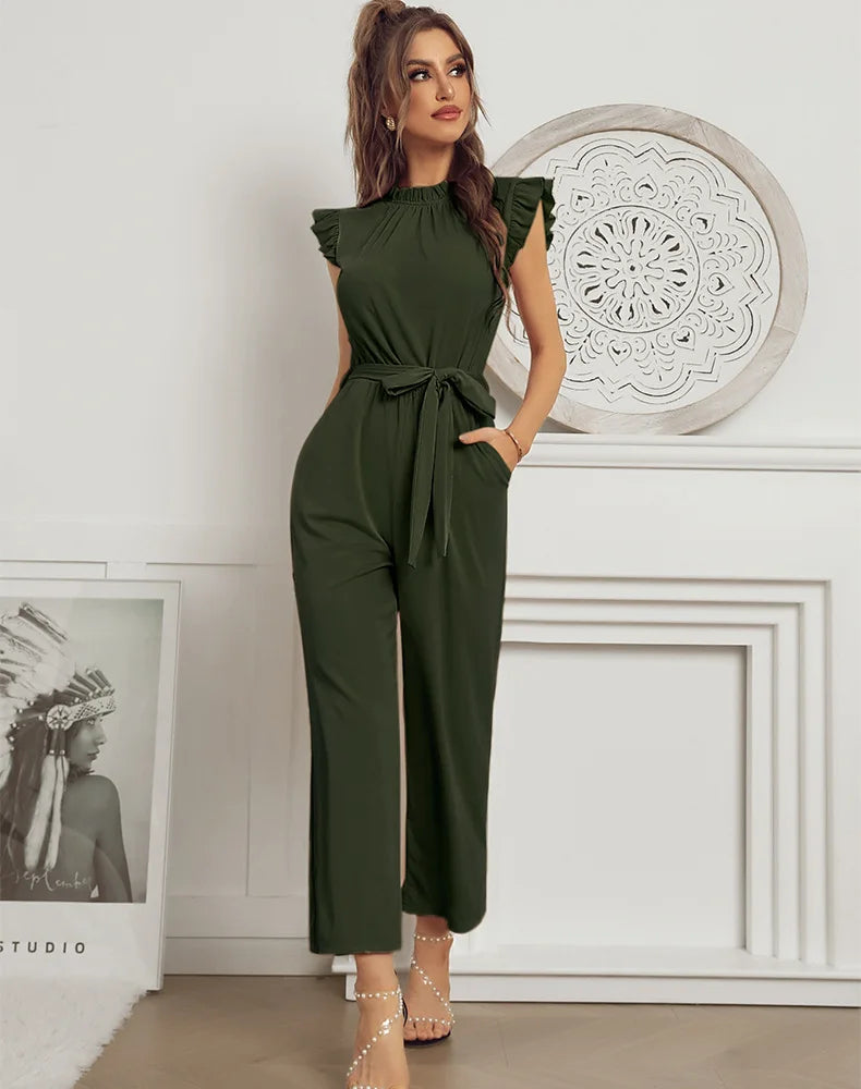 Jumpsuits- Solid Belted Jumpsuit - Women's Full-Length Playsuit with Frill Collar- - IndioGear Fashion and Gear