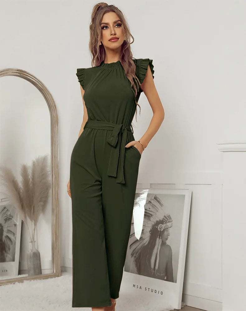 Jumpsuits- Solid Belted Jumpsuit - Women's Full-Length Playsuit with Frill Collar- - IndioGear Fashion and Gear