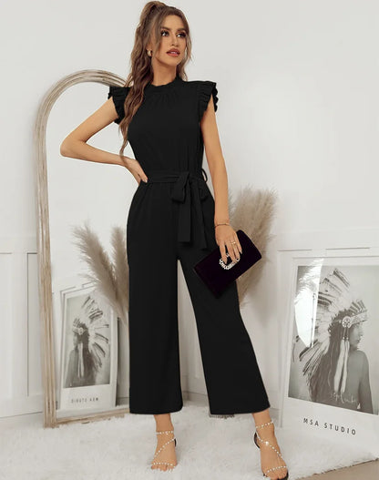 Jumpsuits- Solid Belted Jumpsuit - Women's Full-Length Playsuit with Frill Collar- - IndioGear Fashion and Gear