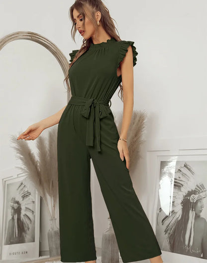 Jumpsuits- Solid Belted Jumpsuit - Women's Full-Length Playsuit with Frill Collar- - IndioGear Fashion and Gear