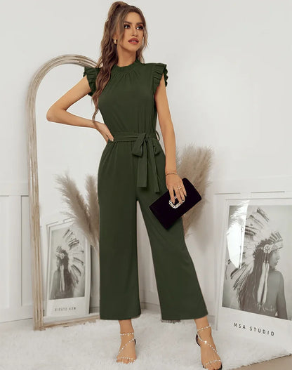 Jumpsuits- Solid Belted Jumpsuit - Women's Full-Length Playsuit with Frill Collar- - IndioGear Fashion and Gear