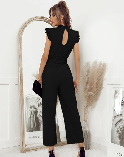 Jumpsuits- Solid Belted Jumpsuit - Women's Full-Length Playsuit with Frill Collar- - IndioGear Fashion and Gear