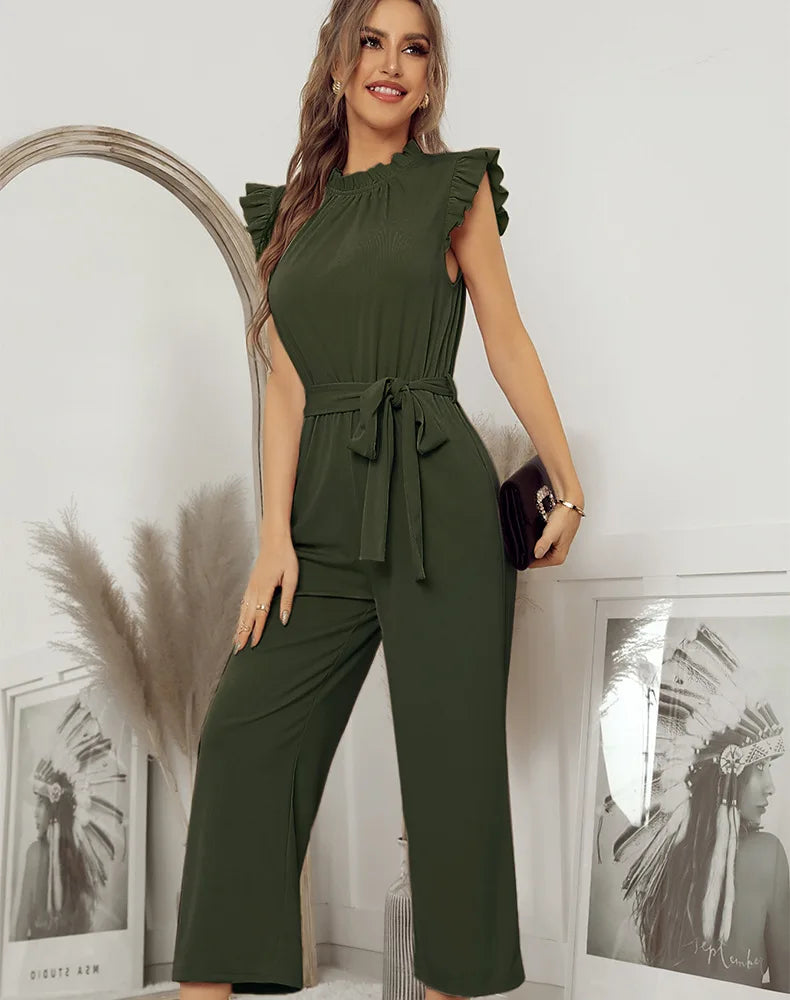 Jumpsuits- Solid Belted Jumpsuit - Women's Full-Length Playsuit with Frill Collar- - IndioGear Fashion and Gear