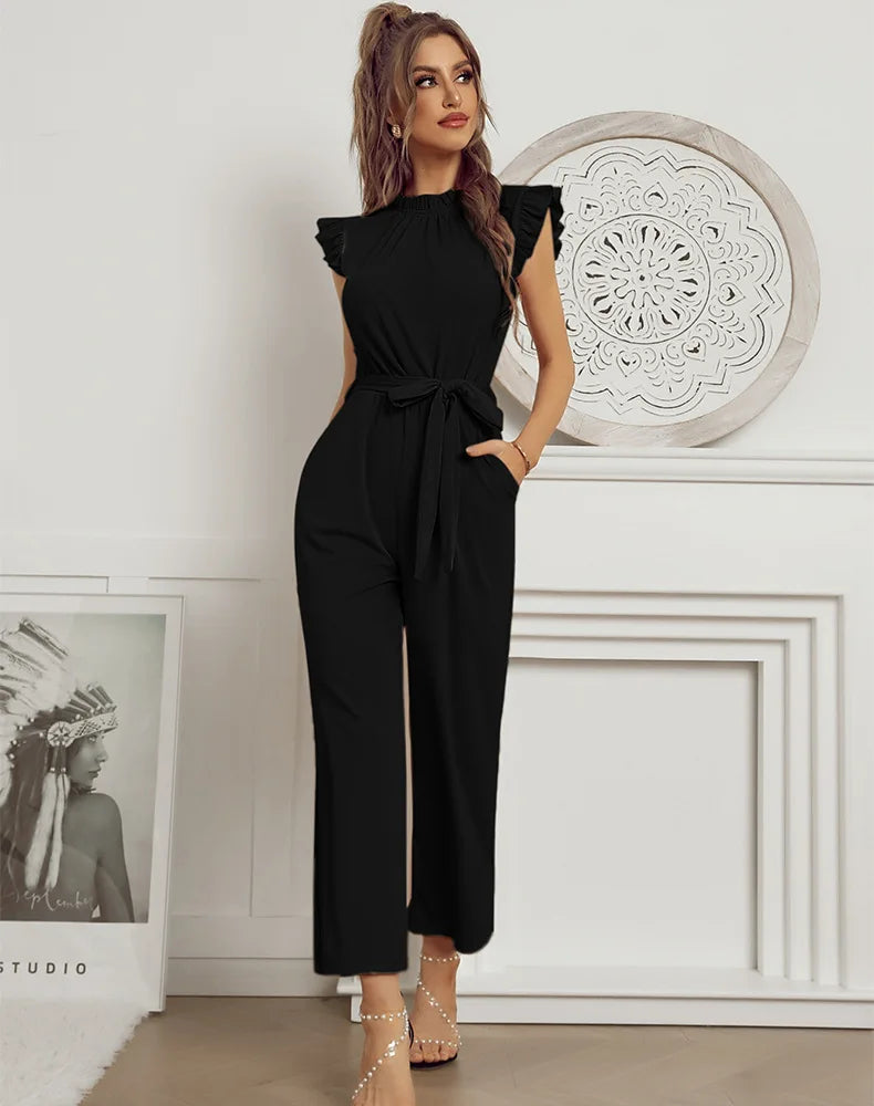 Jumpsuits- Solid Belted Jumpsuit - Women's Full-Length Playsuit with Frill Collar- - IndioGear Fashion and Gear