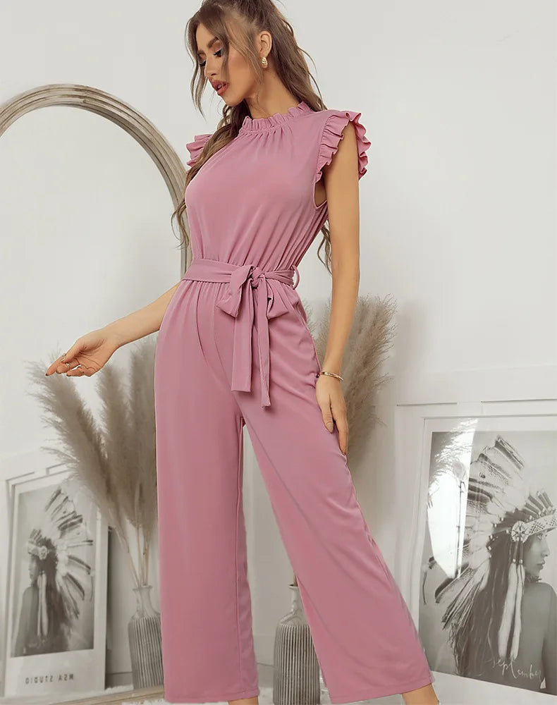 Jumpsuits- Solid Belted Jumpsuit - Women's Full-Length Playsuit with Frill Collar- - IndioGear Fashion and Gear