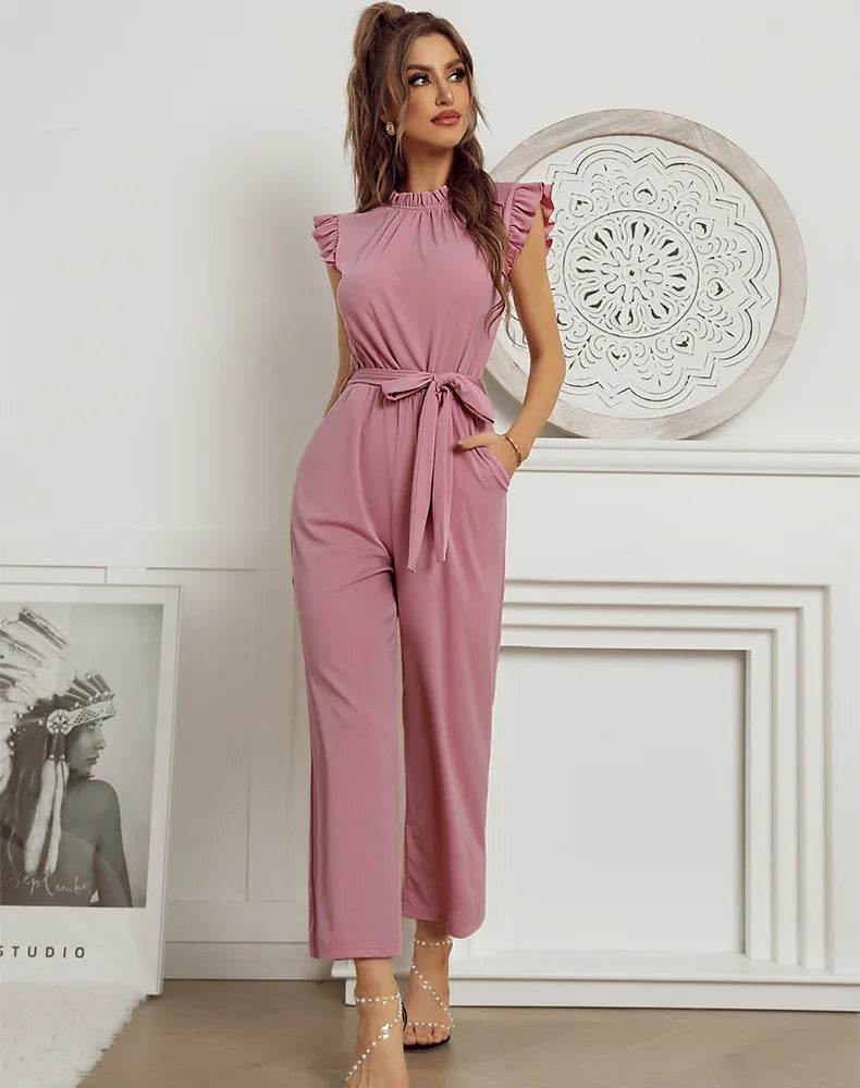 Jumpsuits- Solid Belted Jumpsuit - Women's Full-Length Playsuit with Frill Collar- - IndioGear Fashion and Gear