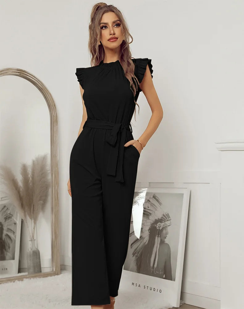 Jumpsuits- Solid Belted Jumpsuit - Women's Full-Length Playsuit with Frill Collar- - IndioGear Fashion and Gear