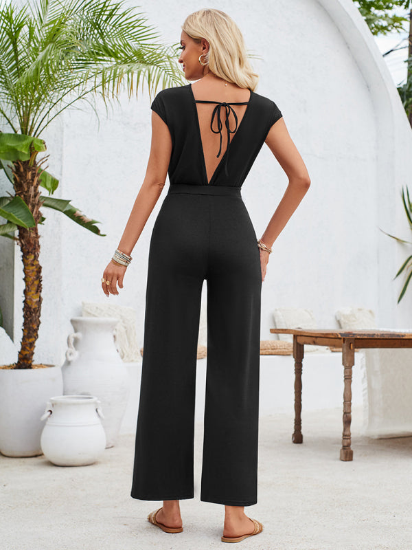 Jumpsuits- Solid Knot Cutout Jumpsuit - Women's Straight-Leg Full-Length Playsuit- - IndioGear Fashion and Gear