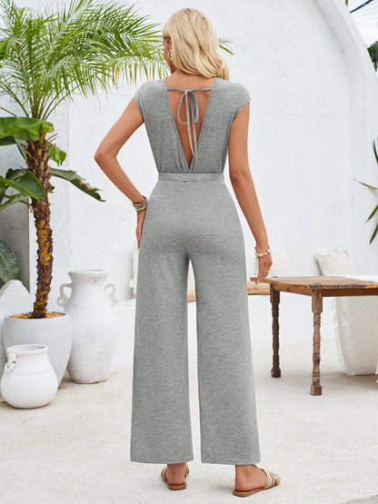 Jumpsuits- Solid Knot Cutout Jumpsuit - Women's Straight-Leg Full-Length Playsuit- - IndioGear Fashion and Gear