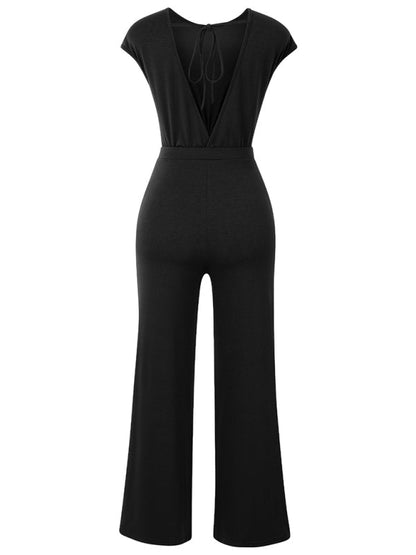 Jumpsuits- Solid Knot Cutout Jumpsuit - Women's Straight-Leg Full-Length Playsuit- - IndioGear Fashion and Gear