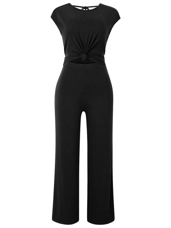 Jumpsuits- Solid Knot Cutout Jumpsuit - Women's Straight-Leg Full-Length Playsuit- - IndioGear Fashion and Gear