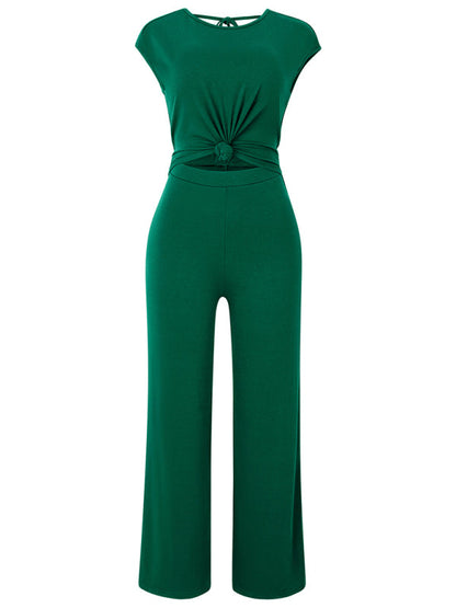 Jumpsuits- Solid Knot Cutout Jumpsuit - Women's Straight-Leg Full-Length Playsuit- - IndioGear Fashion and Gear