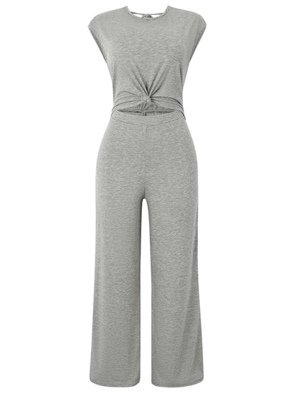 Jumpsuits- Solid Knot Cutout Jumpsuit - Women's Straight-Leg Full-Length Playsuit- - IndioGear Fashion and Gear