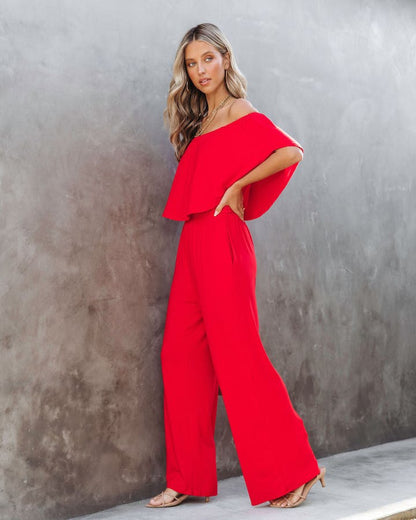 Jumpsuits- Solid Off-Shoulder Wide-Leg Elastic-Waist Jumpsuit- - IndioGear Fashion and Gear