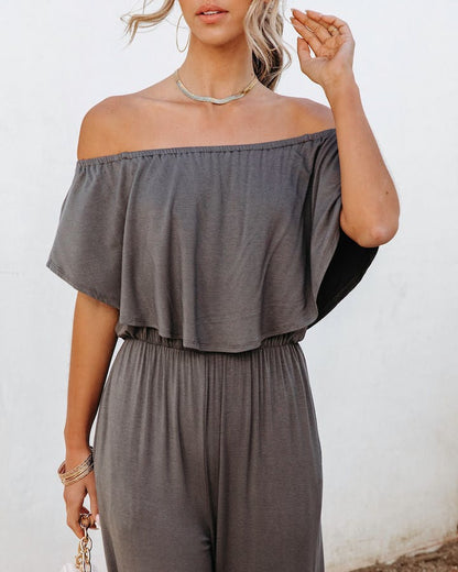 Jumpsuits- Solid Off-Shoulder Wide-Leg Elastic-Waist Jumpsuit- - IndioGear Fashion and Gear