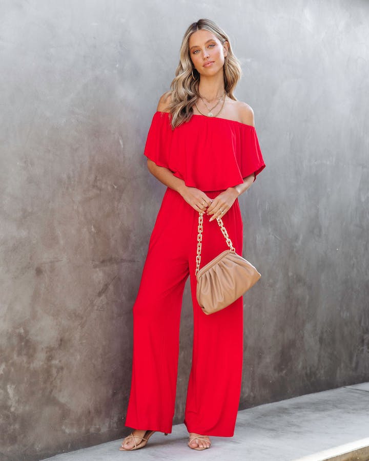 Jumpsuits- Solid Off-Shoulder Wide-Leg Elastic-Waist Jumpsuit- - IndioGear Fashion and Gear