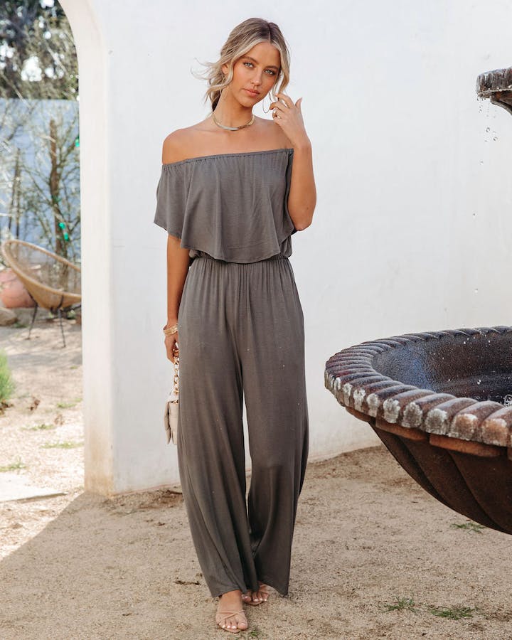 Jumpsuits- Solid Off-Shoulder Wide-Leg Elastic-Waist Jumpsuit- - IndioGear Fashion and Gear