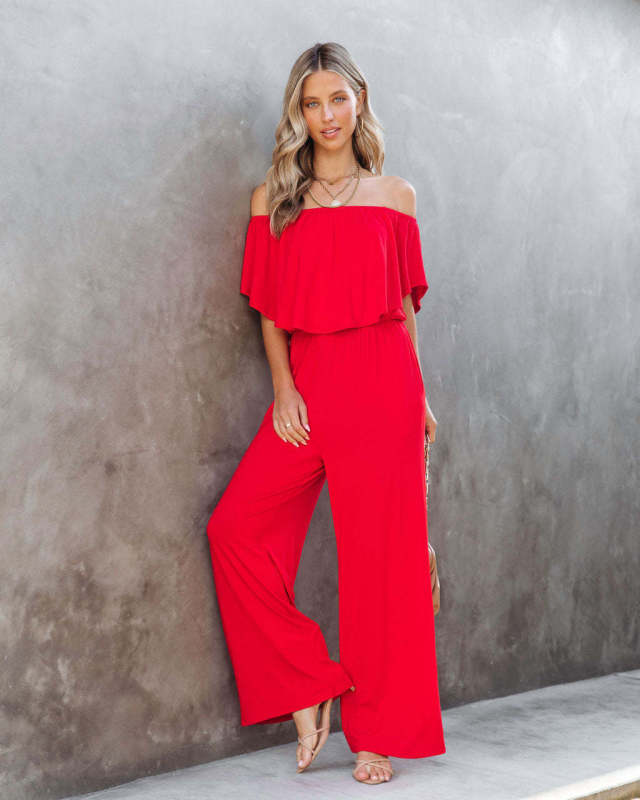 Jumpsuits- Solid Off-Shoulder Wide-Leg Elastic-Waist Jumpsuit- Red- IndioGear Fashion and Gear