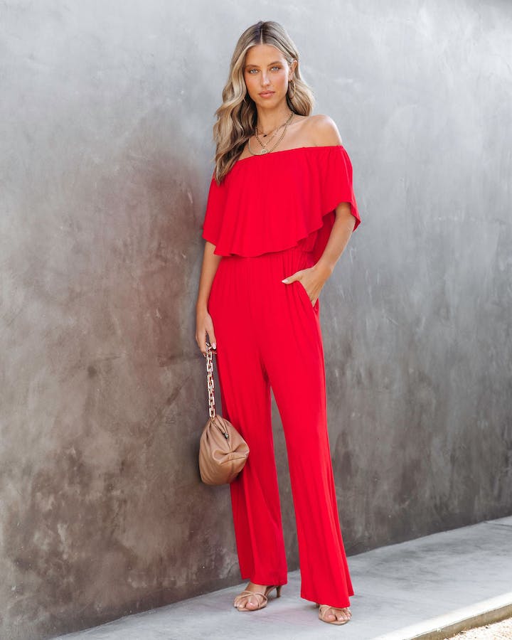 Jumpsuits- Solid Off-Shoulder Wide-Leg Elastic-Waist Jumpsuit- - IndioGear Fashion and Gear